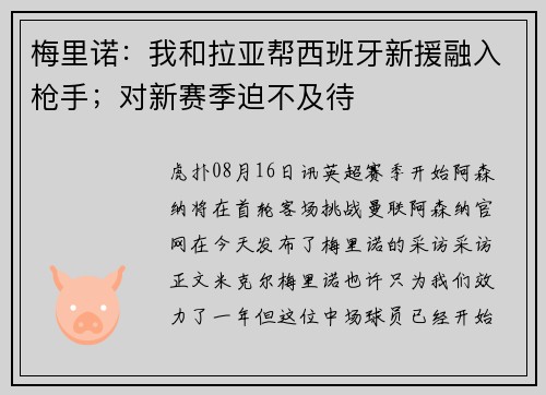 梅里诺：我和拉亚帮西班牙新援融入枪手；对新赛季迫不及待
